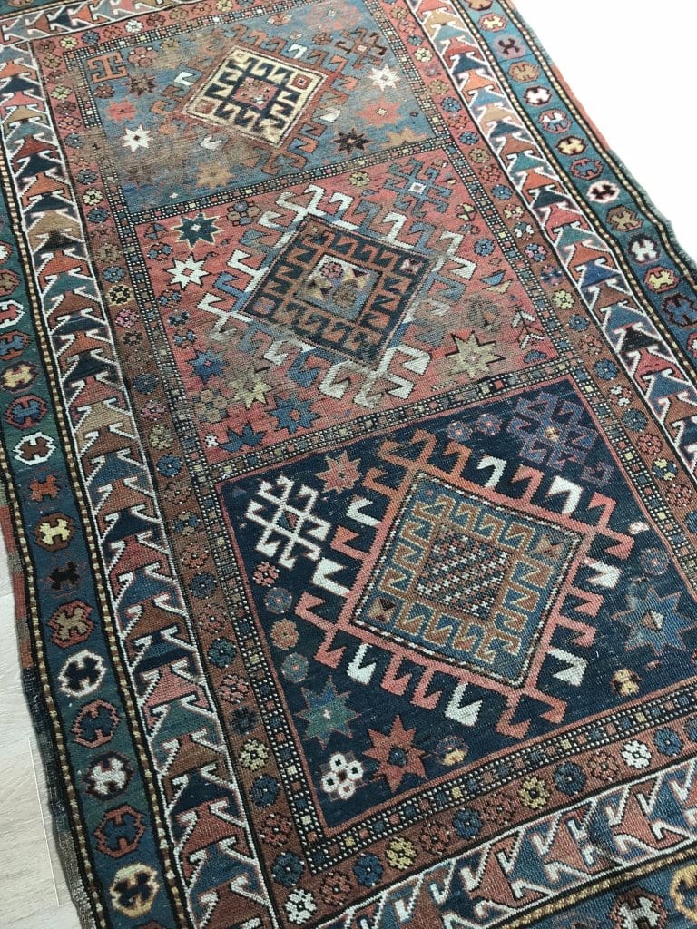 No. 0172 Beautiful Caucasian Kazak faded green blue and red Tribal Design Rug rug Bas 