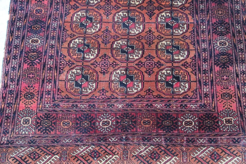 No. 0085 Antique Turkoman Bokhara Wool Purple Red Rug (4'2 x 3'5) - Saffron Bloom