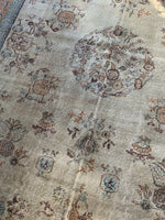 No. 0269 vintage Turkish Anatolian rug with peach and light teal border and floral design Saffron Bloom Interiors 