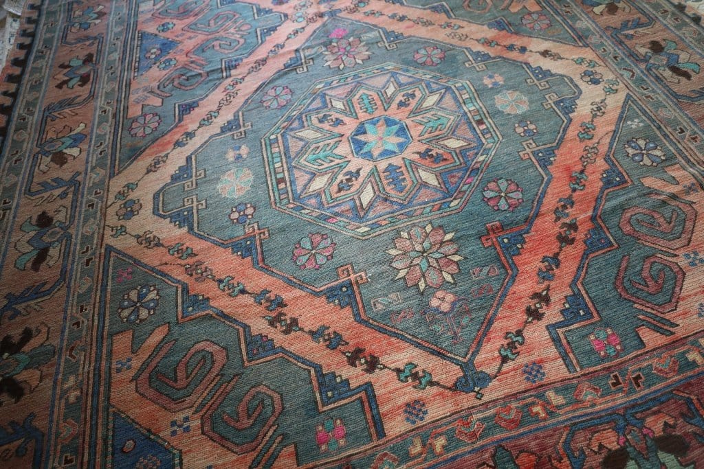 No. 0270 Vintage Caucasian Sumac with blue, teal, peach and pink colors Saffron Bloom Interiors 